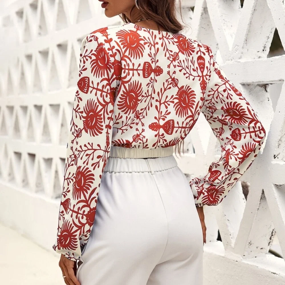 Boho Floral Red Print Surplice Cropped Top - Picture 6 of 9